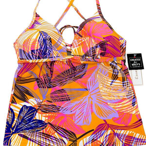 Hula Honey Macy’s Multicolor Swim Top Large (L) Floral Orange Tank Bathing suit